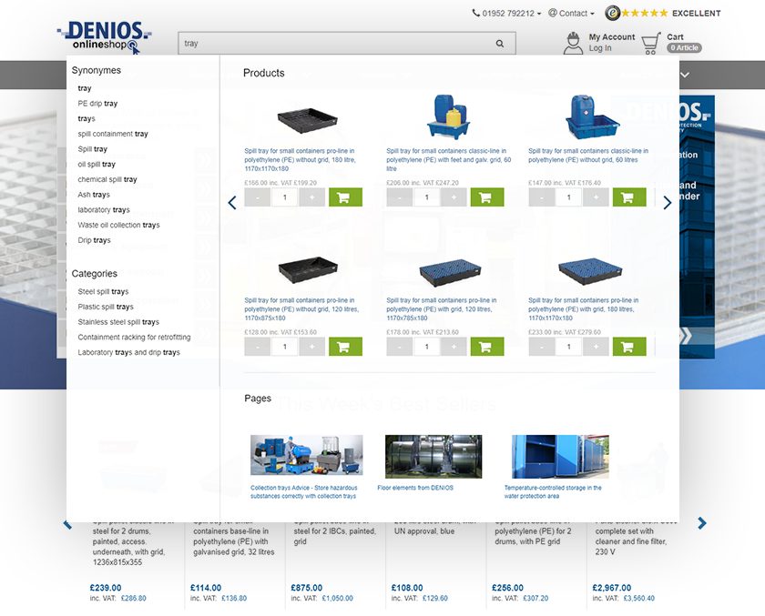 DENIOS uses FACT-Finder technology to display products, categories, and content within the search using the Suggest function. DENIOS' B2B platform also gives buyers the option to fill their shopping cart directly from the suggestions menu through the 'Add-to-Basket" feature.