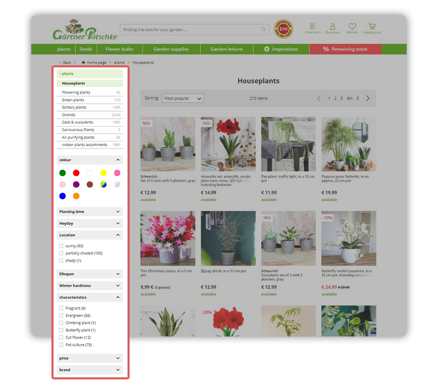 Gardener Poetschke's online shop features dynamic filters for their houseplants, including color, sun exposure and more. 