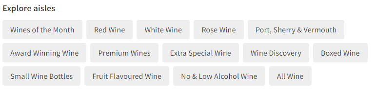 Asda's categories for wine in their online shop