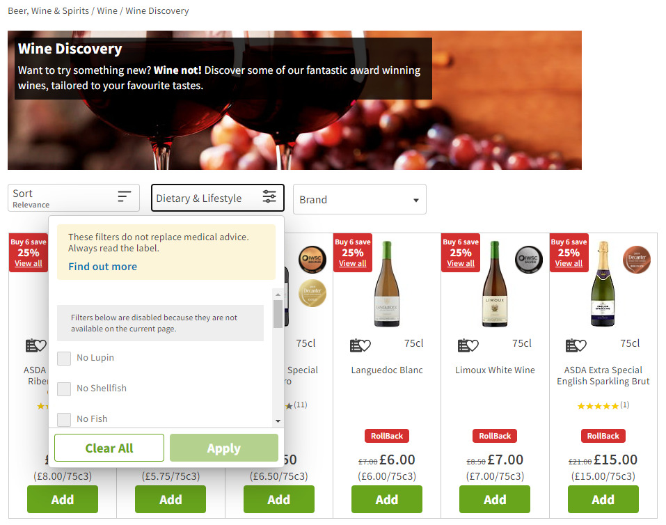 Irrelevant filters for wine in Asda's online shop. 