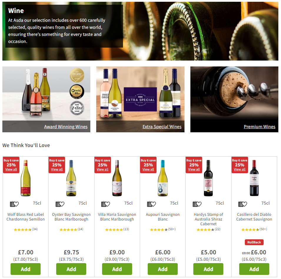 Landing page on Asda's online shop for wine