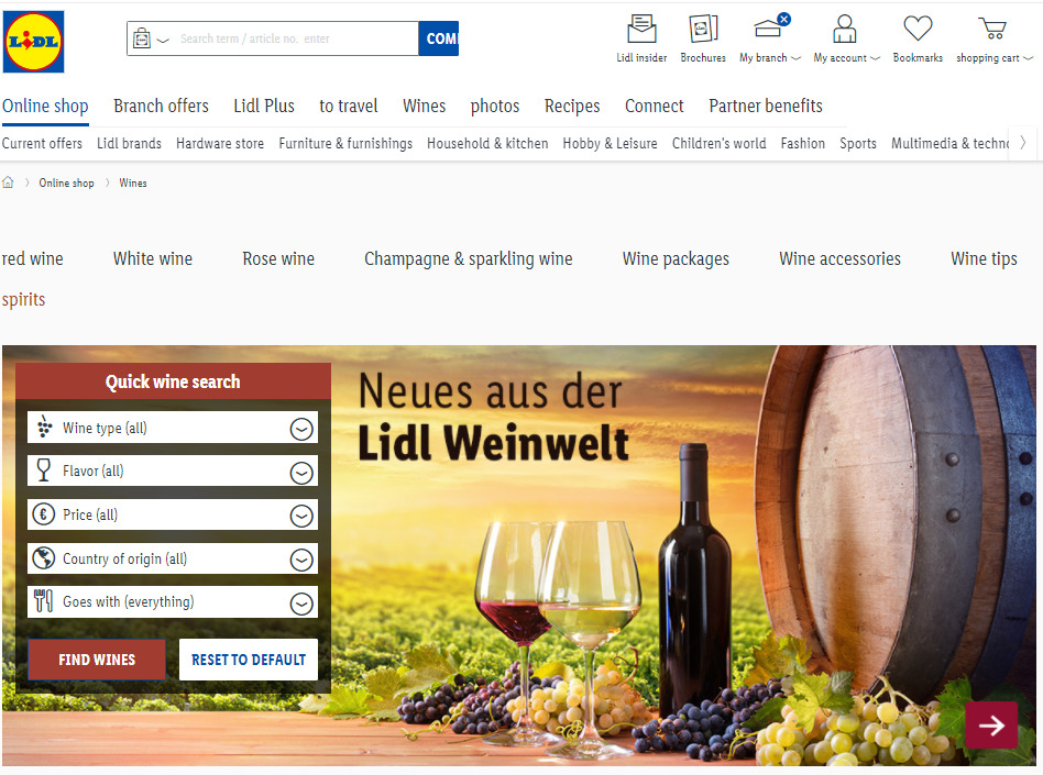 Lidl's wine finder, matched to dynamic product filters.