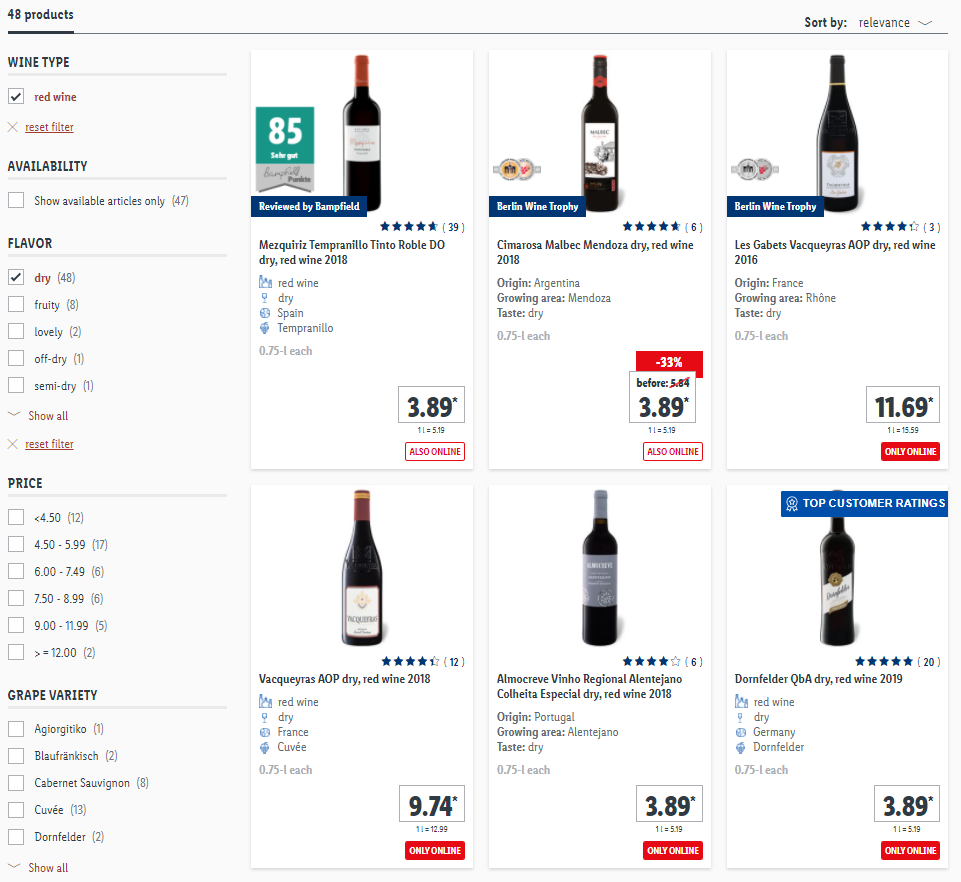 Screenshot of Lidl's product filters when searching for wine.