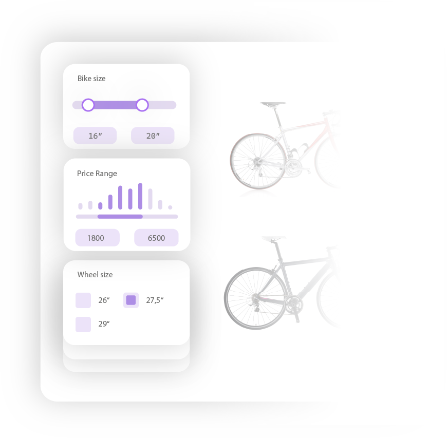 Benutzeroberfläche von FactFinder zur Auswahl von Fahrradgrößen, Preisspannen und Radgrößen für Online-Shops.