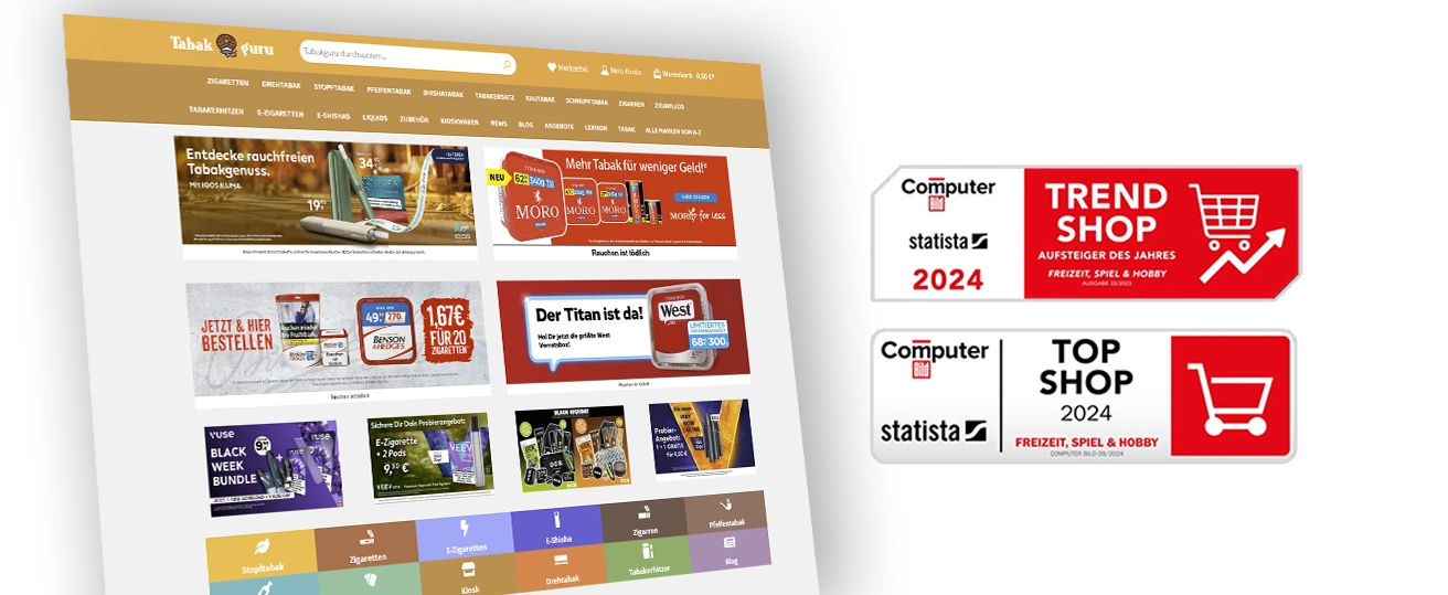 Zwei Auszeichnungen für den Tabakfuru Online-Shop: Trend Shop 2024 und Top Shop 2024 von Computer Bild.