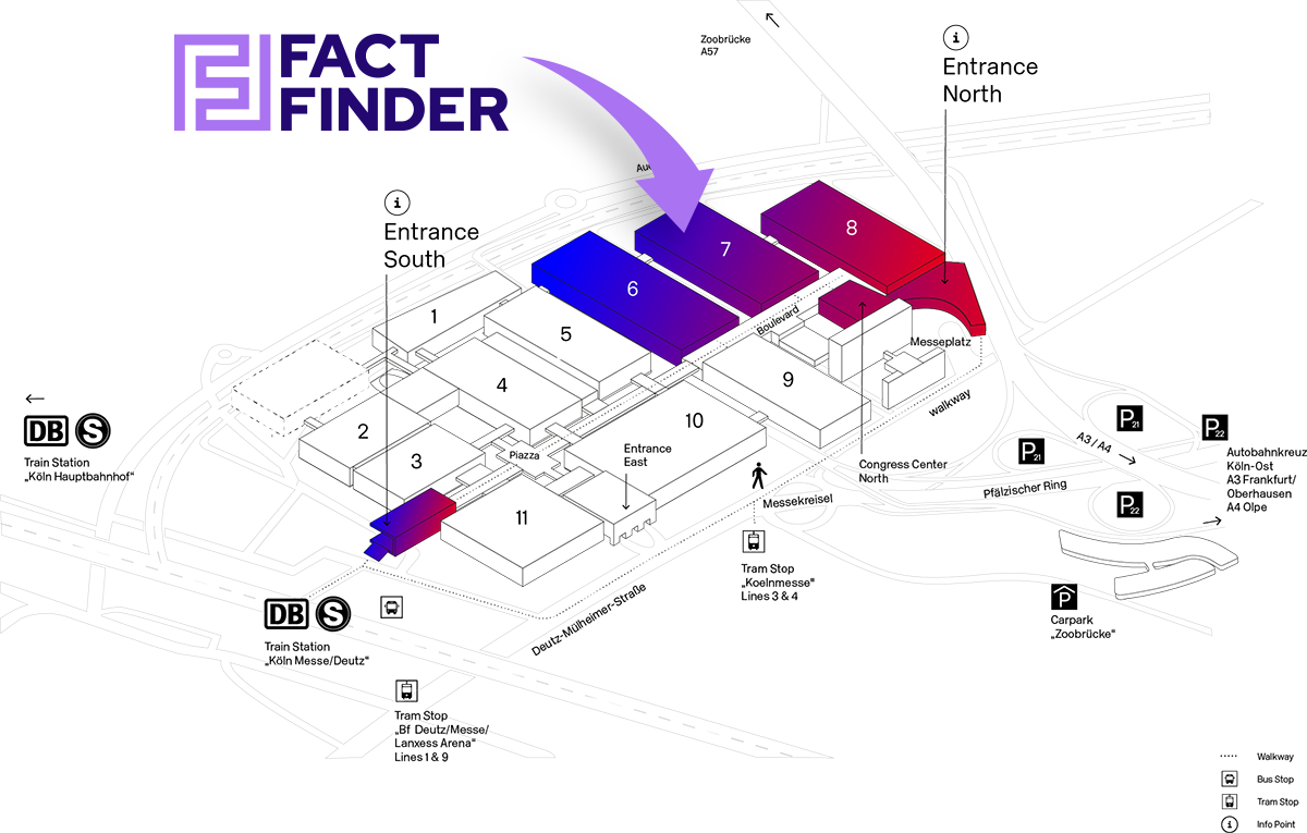 DMEXCO 2024 event layout map showcasing various exhibitor booth locations at Fact Finder venue.