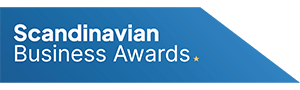 Logo der Scandinavian Business Awards, präsentiert von FactFinder, Anbieter von Lösungen für Online-Shops.